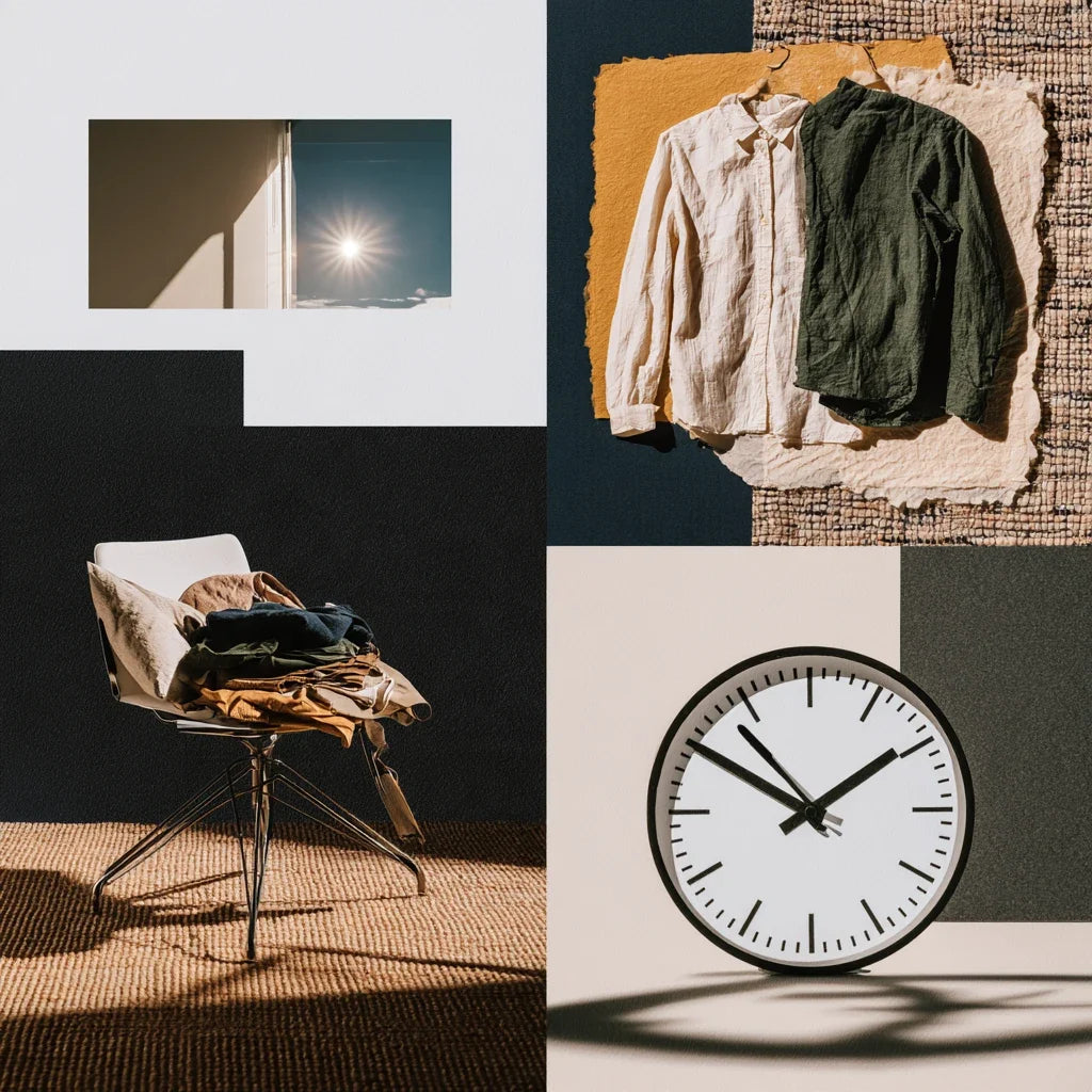 Paper collage of morning sunlight, hanging shirts, clothes on a chair and a large clock.