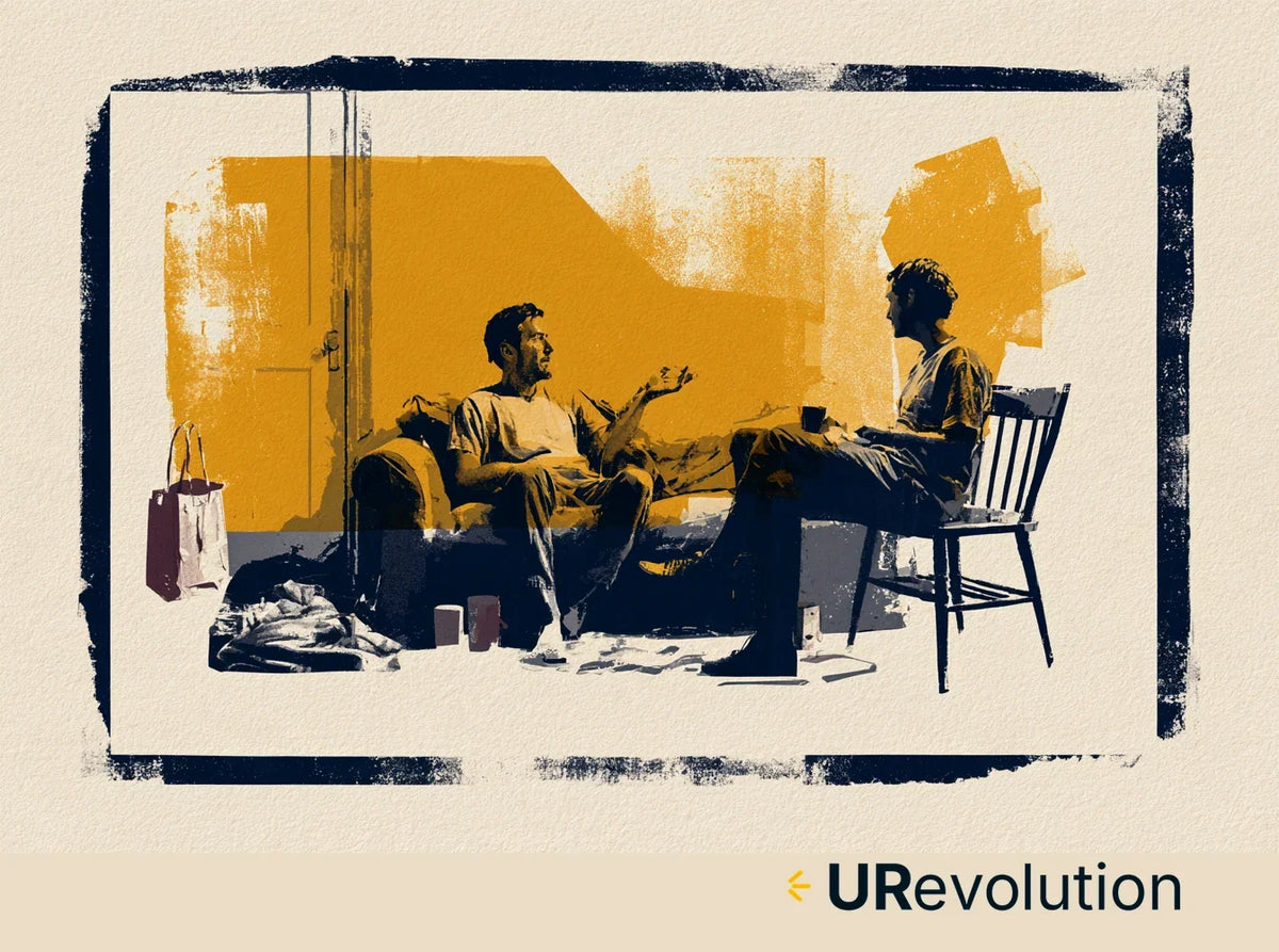 Illustration of two adults talking in a living room: one rests on a sofa and gestures while the other sits nearby holding a mug.