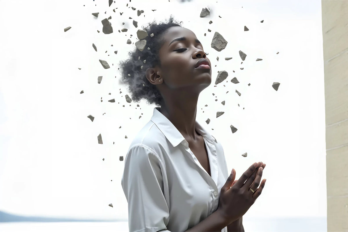 A woman in a white dress with eyes closed and hands in prayer, as her head visually bursts into floating debris — symbolizing mental and physical anguish.