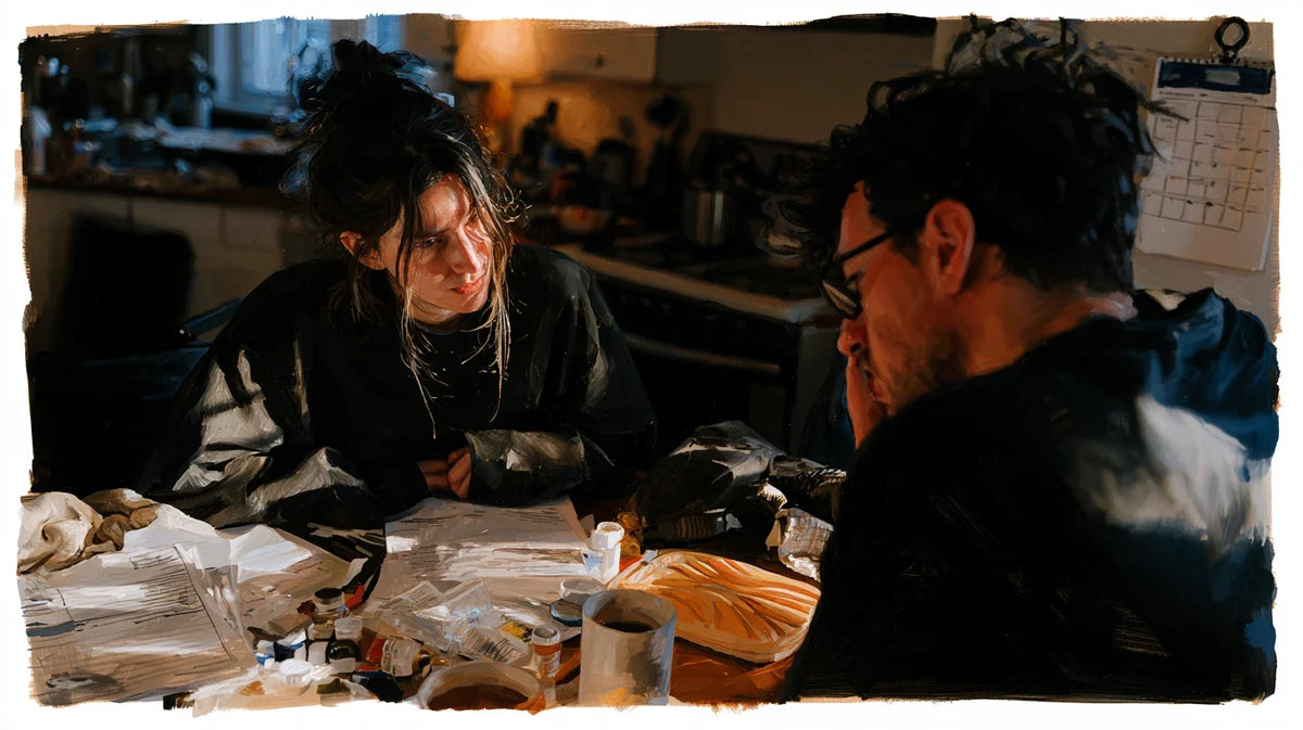 Two partners in conversation at a kitchen table with medication, papers and a glass of water.