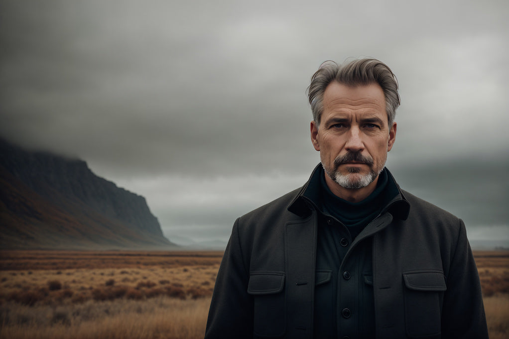 Cluttered mind: a man stands outside in the cold looking at the camera. In the background are mountains and storm clouds.
