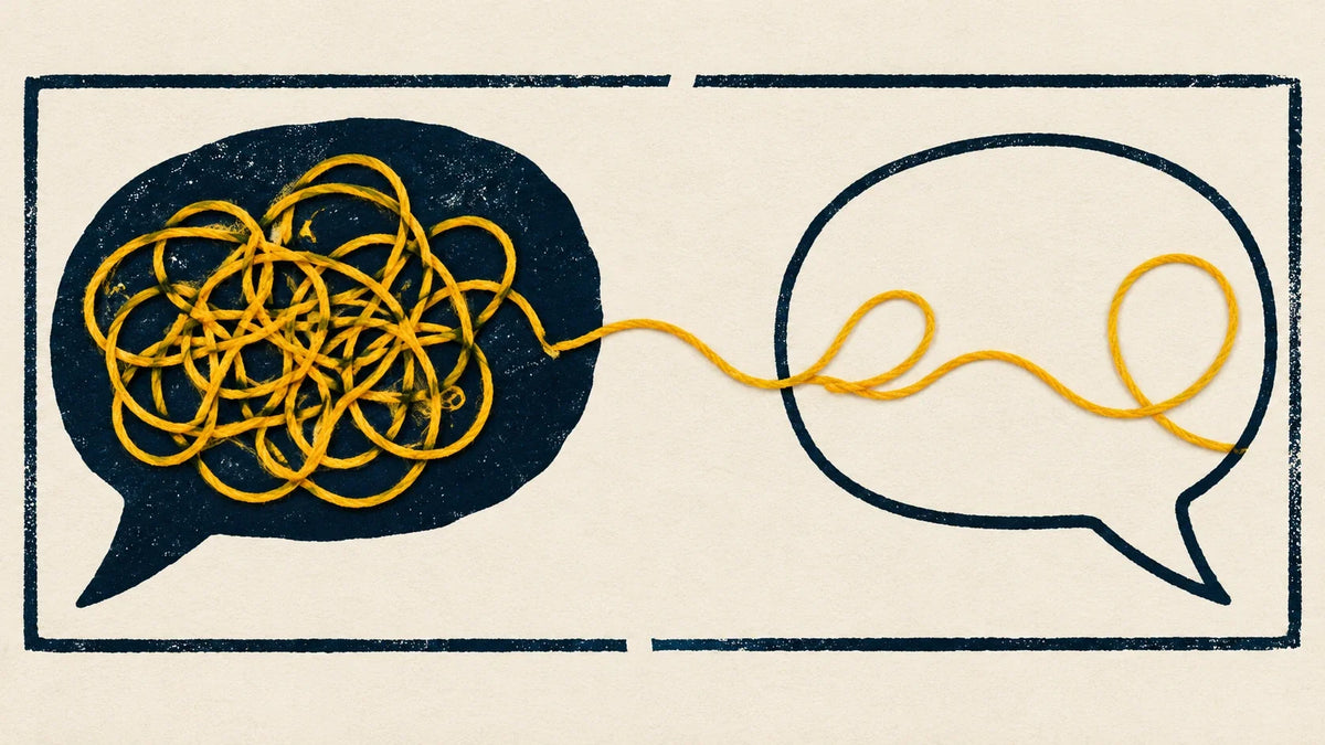 Two speech bubbles connected by a yellow thread, densely tangled in one and loosely looping through the other.