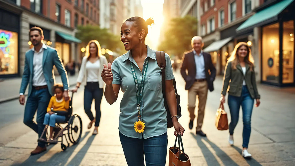 A confident woman wearing a sunflower lanyard, symbolizing hidden disabilities awareness, walks through a busy city street with a smile, engaging in daily life among other pedestrians.