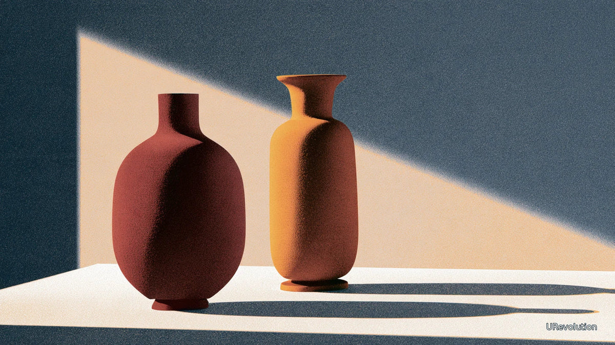 Two burgundy and ochre ceramic vessels stand close together on a sunlit surface, casting long shadows.