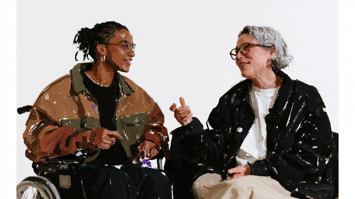Two adults talking, one seated in a wheelchair, in a gouache-style illustration.
