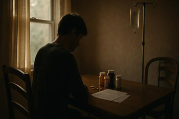 A person sits alone at a wooden table in dim light, surrounded by prescription bottles, papers, and an IV pole—symbolizing the emotional and financial burden of chronic illness.