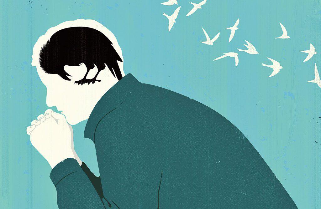 Why people don’t get treatment for mental illness? An illustration of man crouched over. Inside his head there is a black crow symbolising a loss of hope, one the reasons someone might not seek help for their mental health