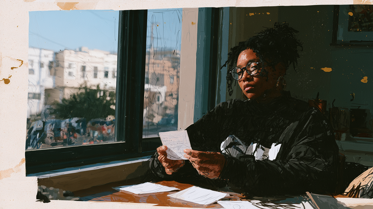 Illustration of a person wearing glasses, holding a note at a table beside a window.