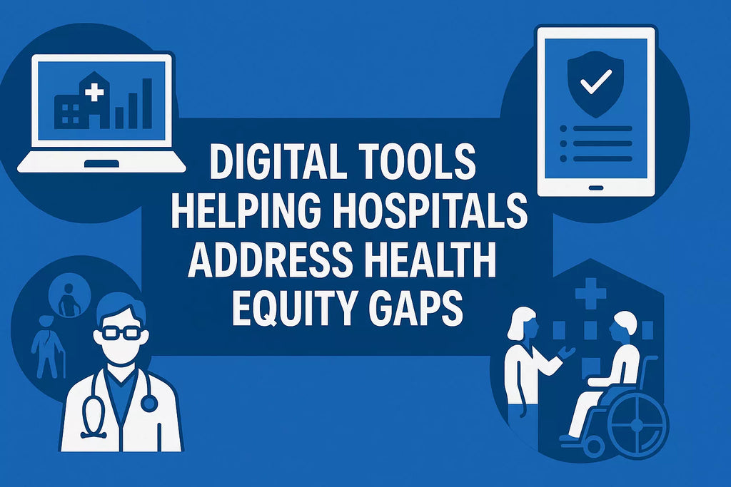 Digital illustration showing diverse patients and healthcare staff using technology tools—representing how hospitals use digital platforms to improve health equity, accessibility, and care outcomes.