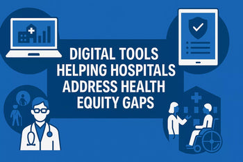 Digital illustration showing diverse patients and healthcare staff using technology tools—representing how hospitals use digital platforms to improve health equity, accessibility, and care outcomes.