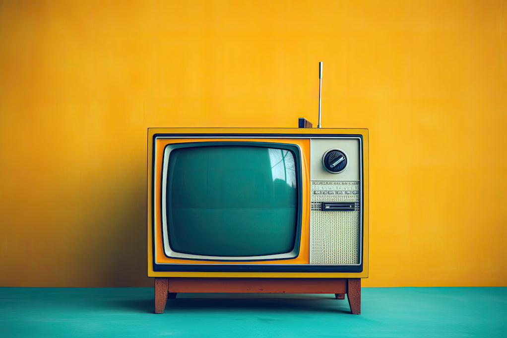 Disability representation: AI Generative Illustration of a vintage analog television with lamp beside it on color background in 70s style