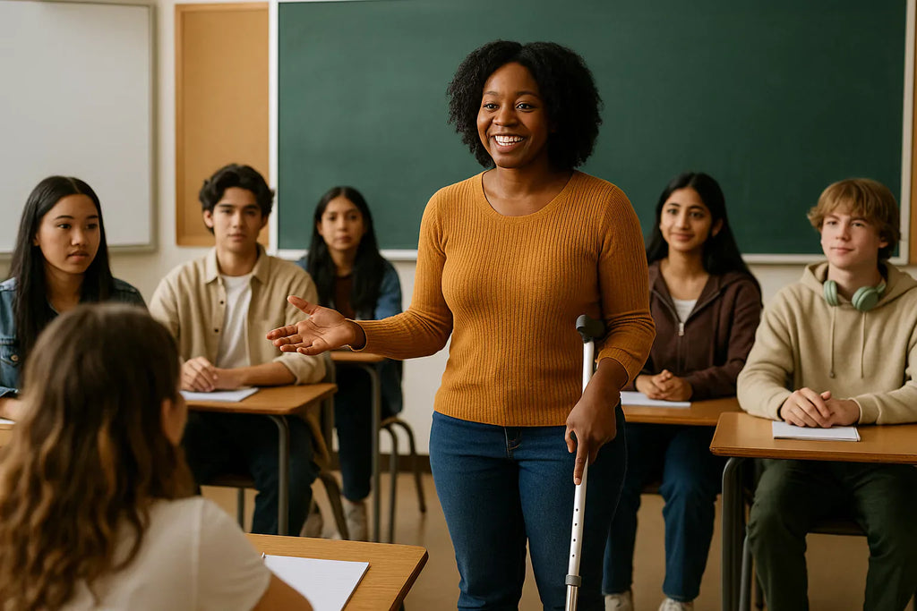 A confident disabled  Black woman with a forearm crutch speaks to a diverse group of attentive high school students in a classroom setting.