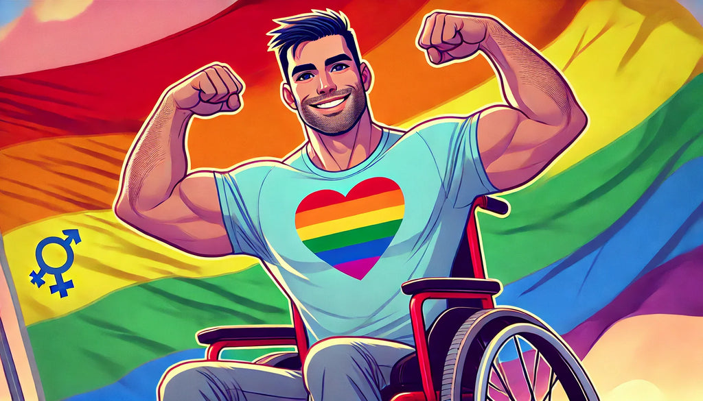 Illustration of a smiling disabled gay man in a wheelchair, wearing a Pride heart t-shirt and flexing his arms in front of a rainbow flag. A bold, empowering image representing LGBTQ+ disability pride and inclusion.