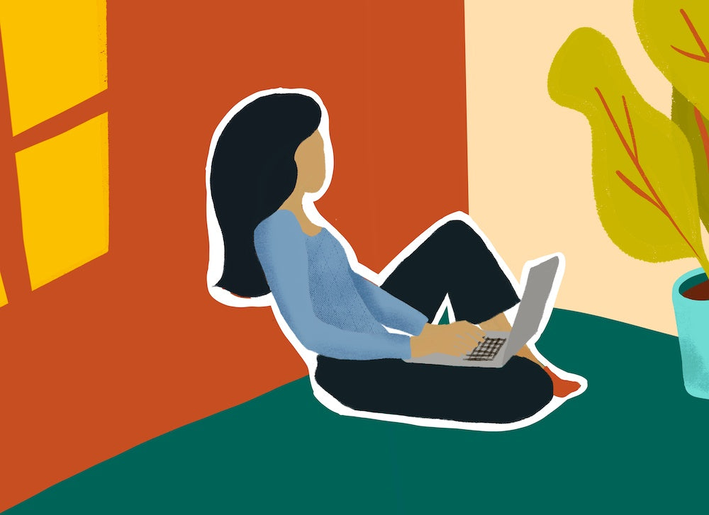 Disable sex workers: a color illustration of a person leaning against a deep orange wall with a laptop on their thigh. They are typing while looking away from the laptop.