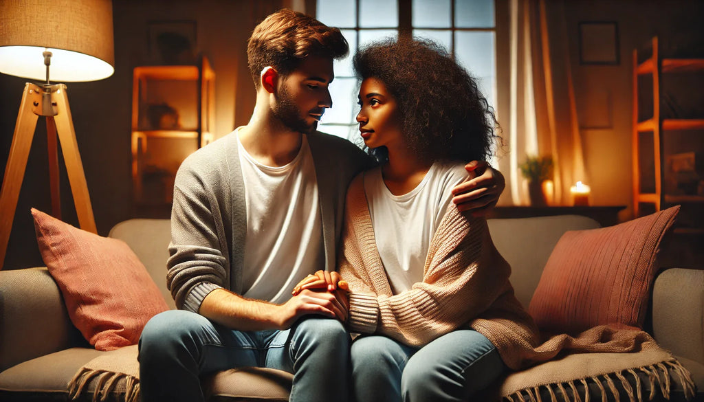 A diverse couple sitting closely on a cozy couch, holding hands and sharing an intimate, supportive moment. They look at each other with care and understanding, symbolizing love, connection, and emotional support in relationships.