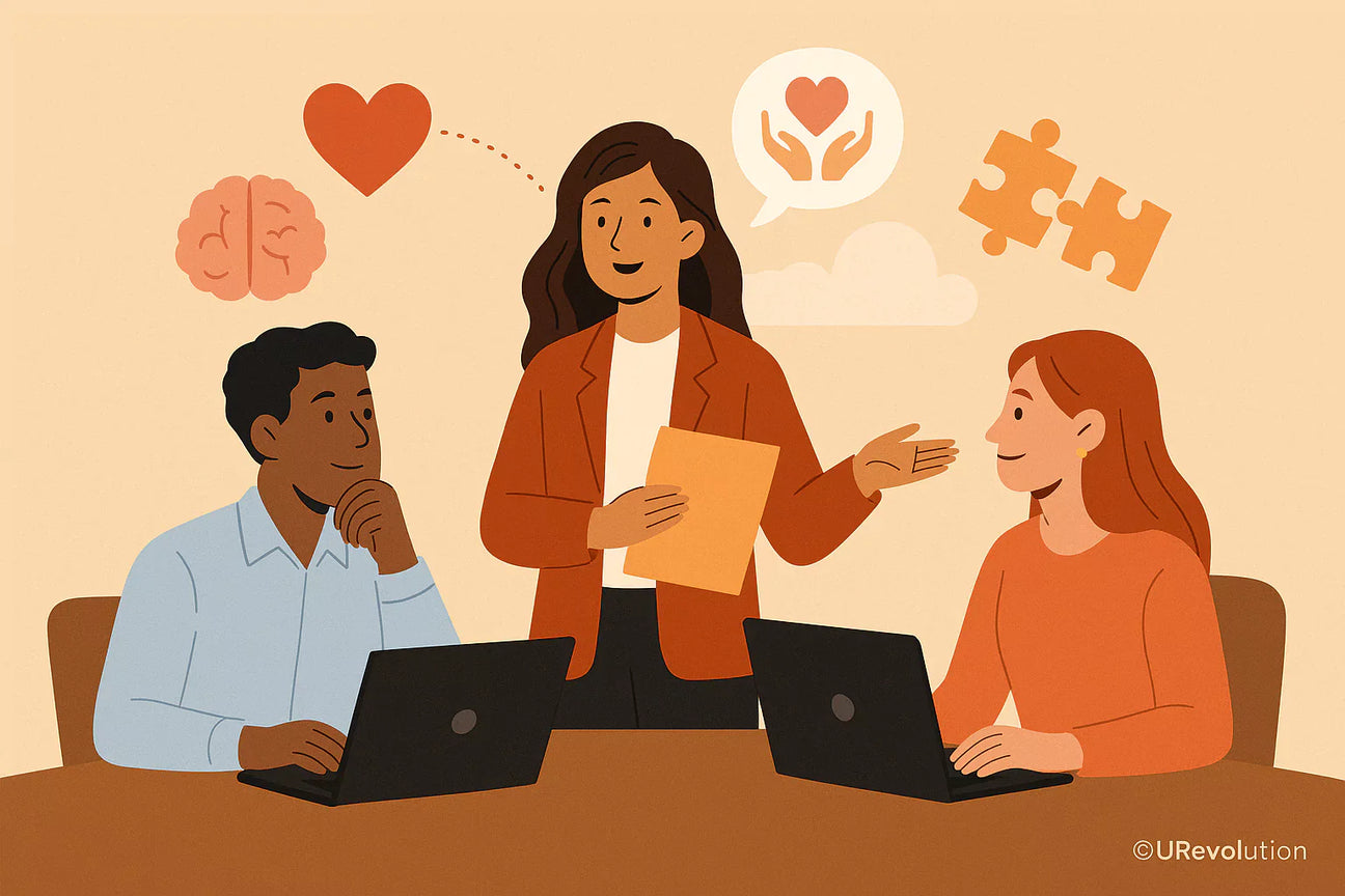 Flat-style illustration showing a diverse group of professionals collaborating with emotional intelligence symbols like a heart, brain, empathy hands, and puzzle pieces.