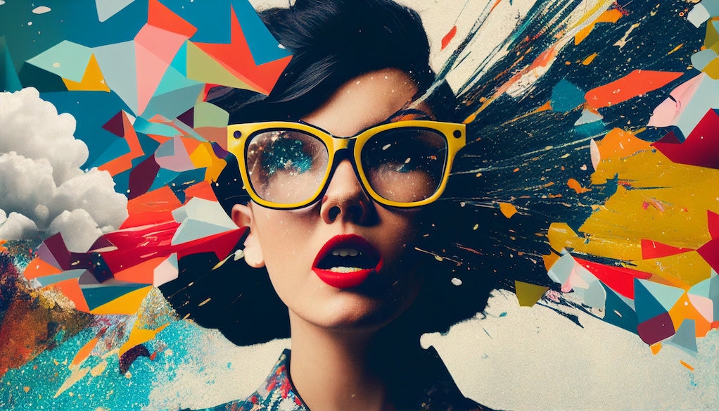 Colorful collage of a woman in yellow glasses surrounded by angular shapes and sweeping brushstrokes.