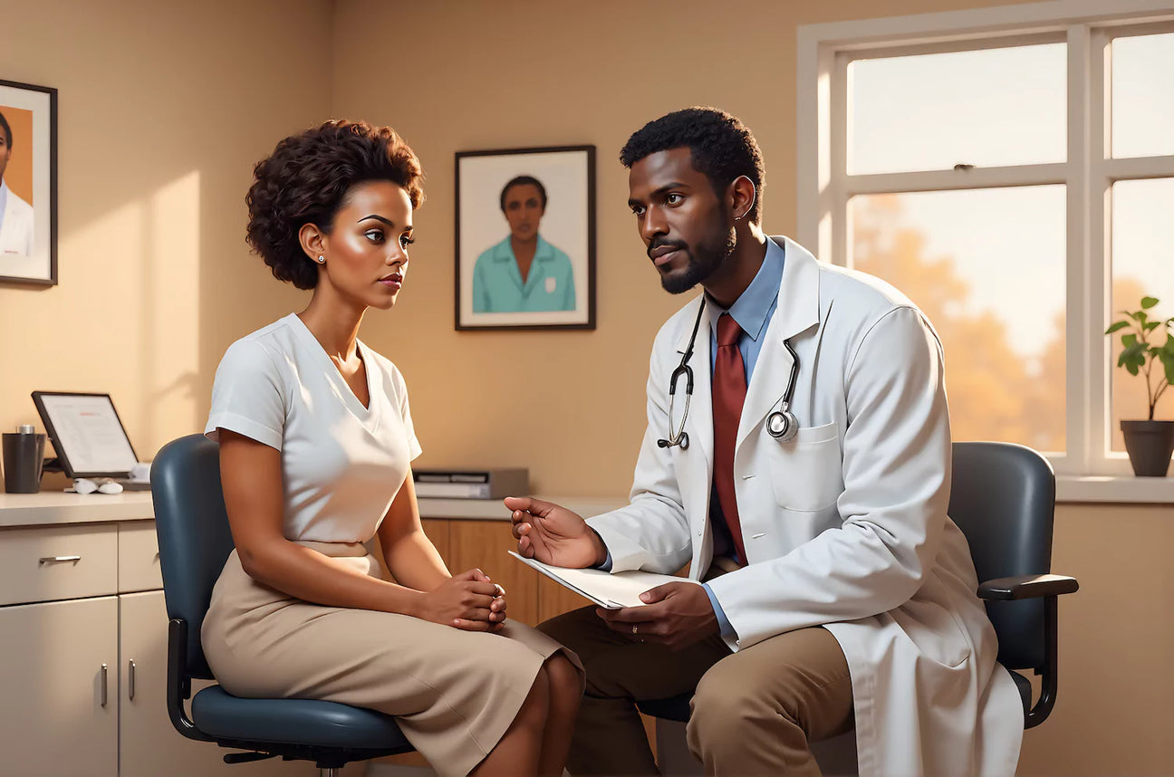 A Black doctor explaining colonoscopy preparation to a White patient in a medical consultation. The discussion covers what to expect, including bowel movements and colonoscopy prep concerns."