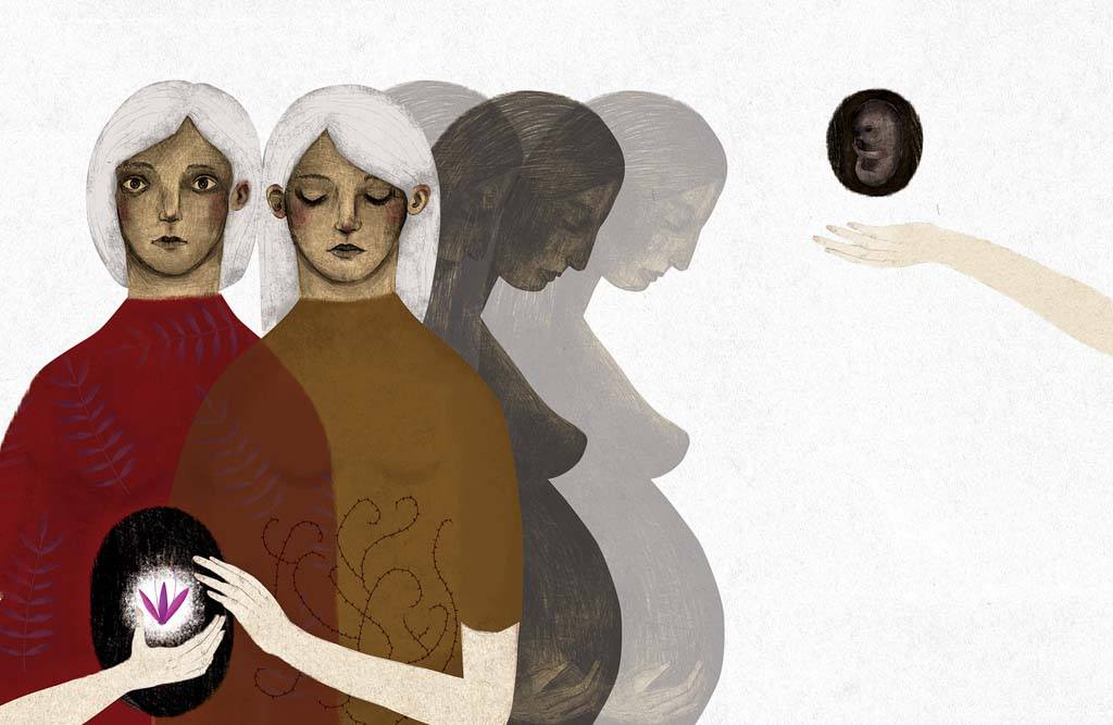 An illustration of two sisters. One has the double whammy of cancer and infertility, the other standing behind her comforts her. Behind them are their shadows of both of them pregnant.