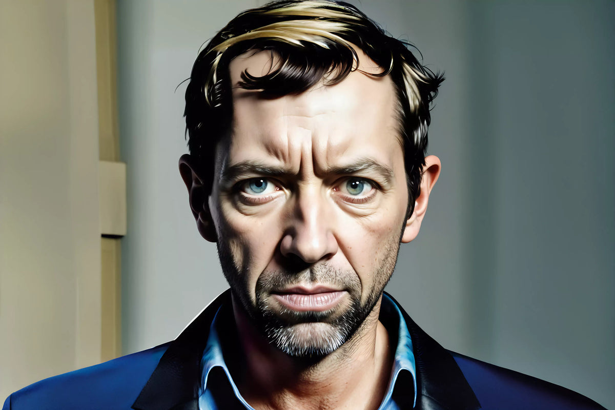 A close-up portrait of a serious-looking man with piercing blue eyes, slightly disheveled hair, and a contemplative expression, evoking themes of medical trauma, resilience, and recovery. The dim lighting and clinical background enhance the emotional dept