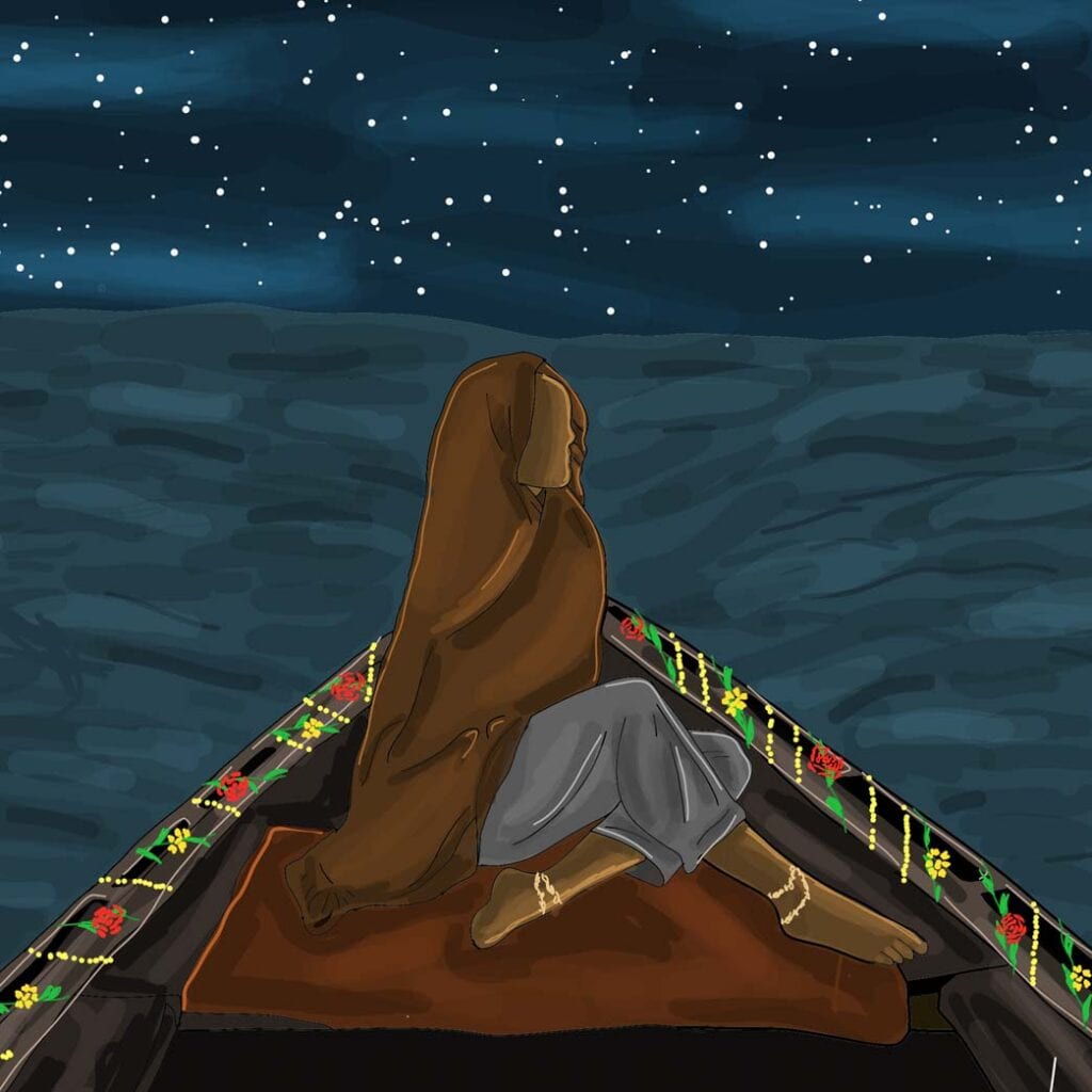 An illustration of a person sitting on the bow on a boat, at night, on the sea. Their body is covered in a shawl, face unseen, dreaming in the pandemic.