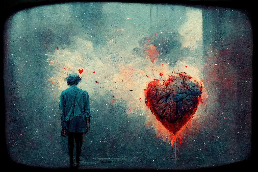 A surreal illustration of a person weeping after being dumped because of chronic illness. Next to them is a large bleeding heart.