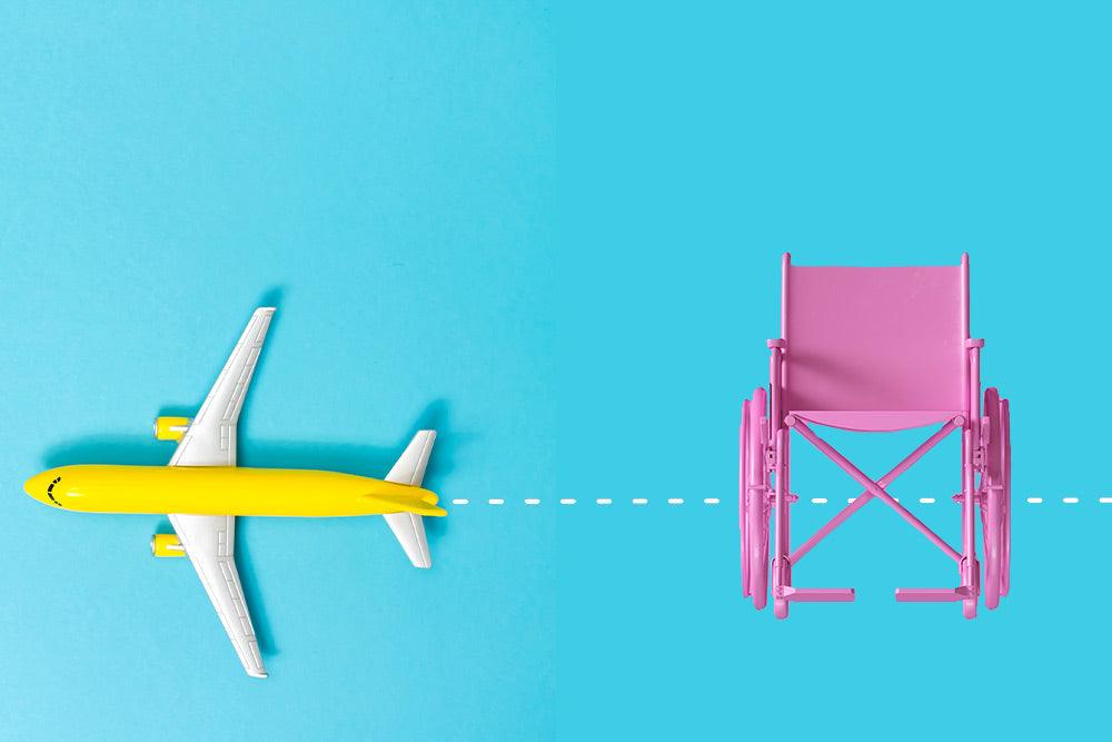Photo for article on wheelchairs on planes. Model airplane faces left of photo with white dotted line trailing its tail. On the other side of the photo is a model of a wheelchair.