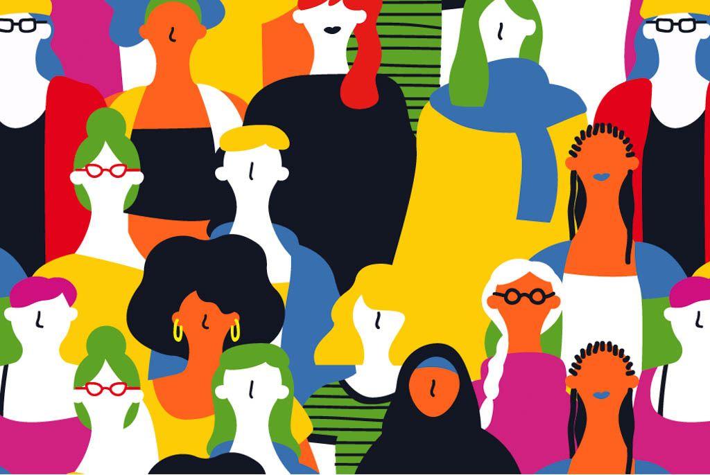 Bright graphic illustration of a crowd of diverse people. Image for article: 