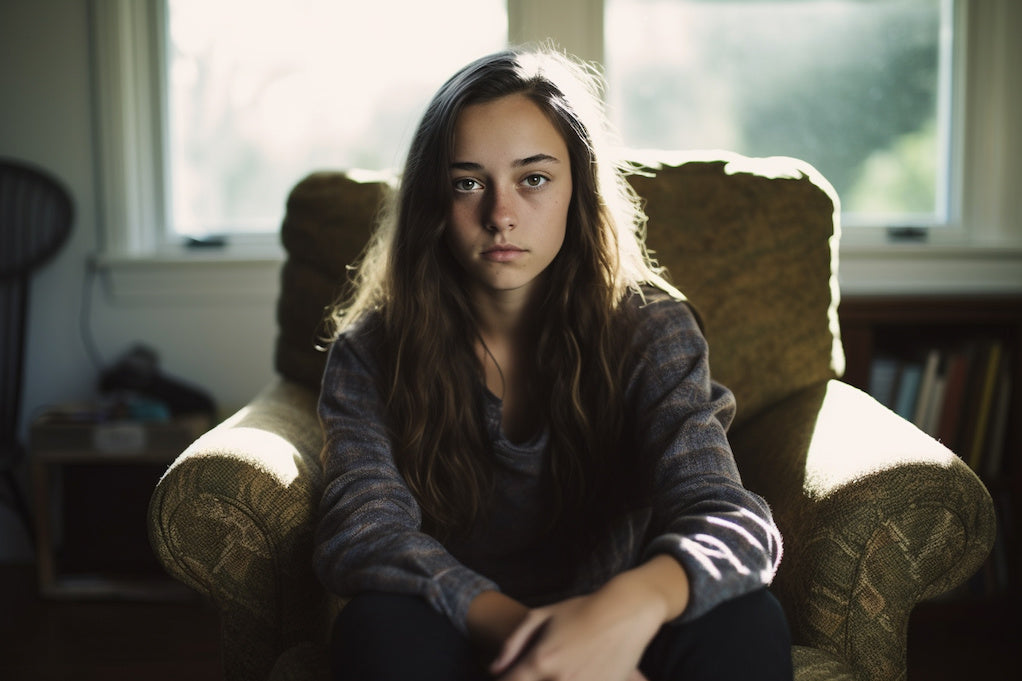 My daughter has EDS and POTS: a photo of a sad depressed young teenage girl sitting on a chair looking at the camera.