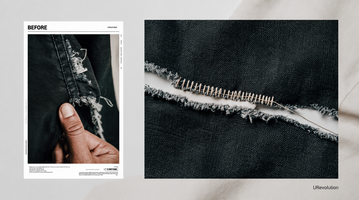 Dark torn fabric shown beside a close-up of pale stitches bridging a frayed seam.