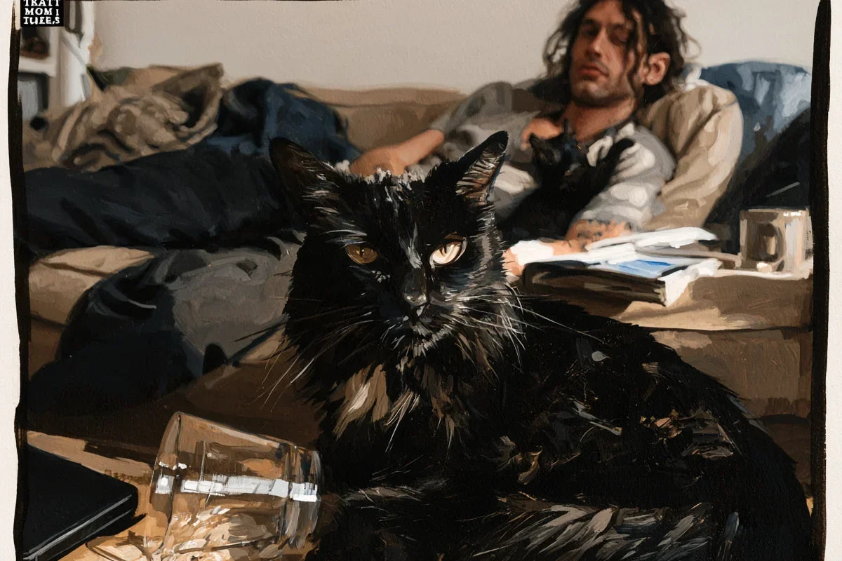 A mischievous black cat beside a knocked-over glass while its tired owner rests on a sofa.