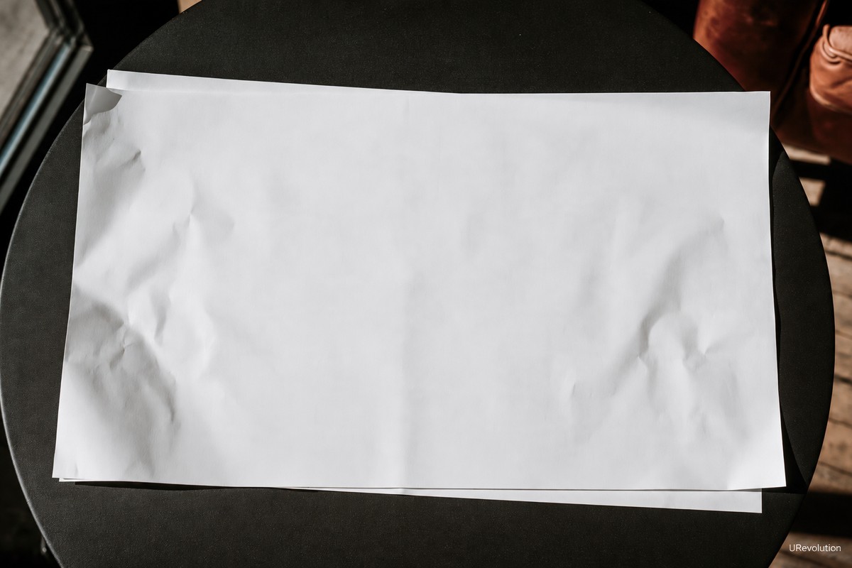 A creased sheet of white paper lies on a dark round table beside a window.