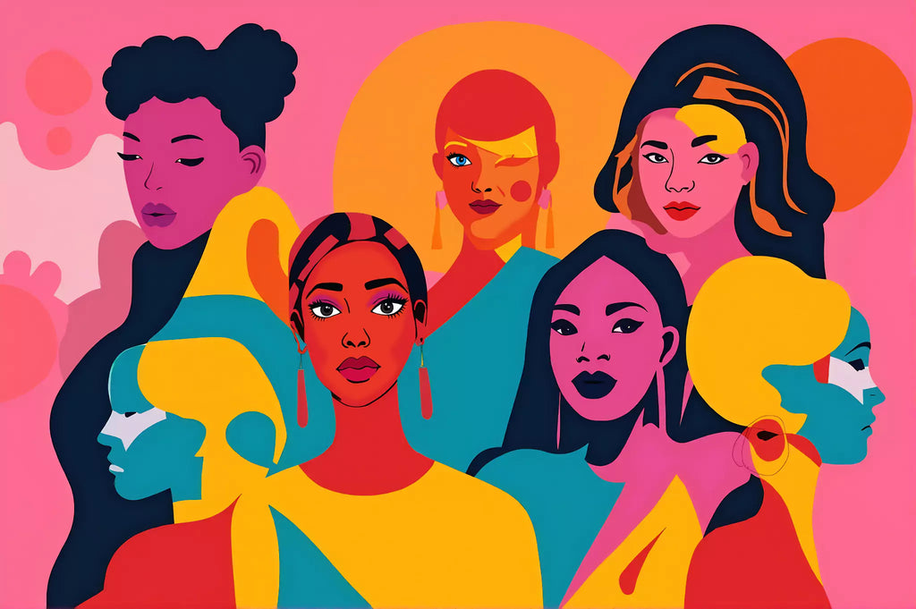 Vibrant pop-art illustration of diverse women managing endometriosis pain, highlighting support, self-care, and inclusivity in warm, empowering tones.