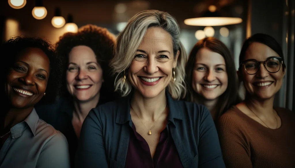 Diverse group of professional women smiling together in an inclusive workplace environment