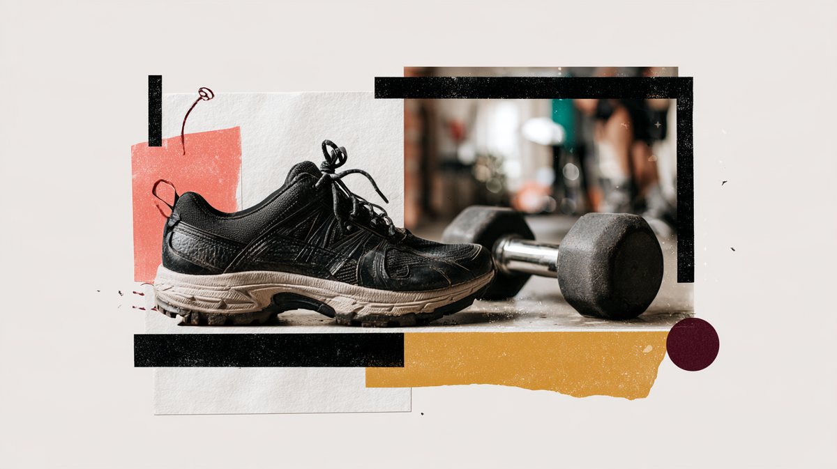 Editorial collage of a black running shoe and dumbbell with yellow, coral and burgundy paper shapes.