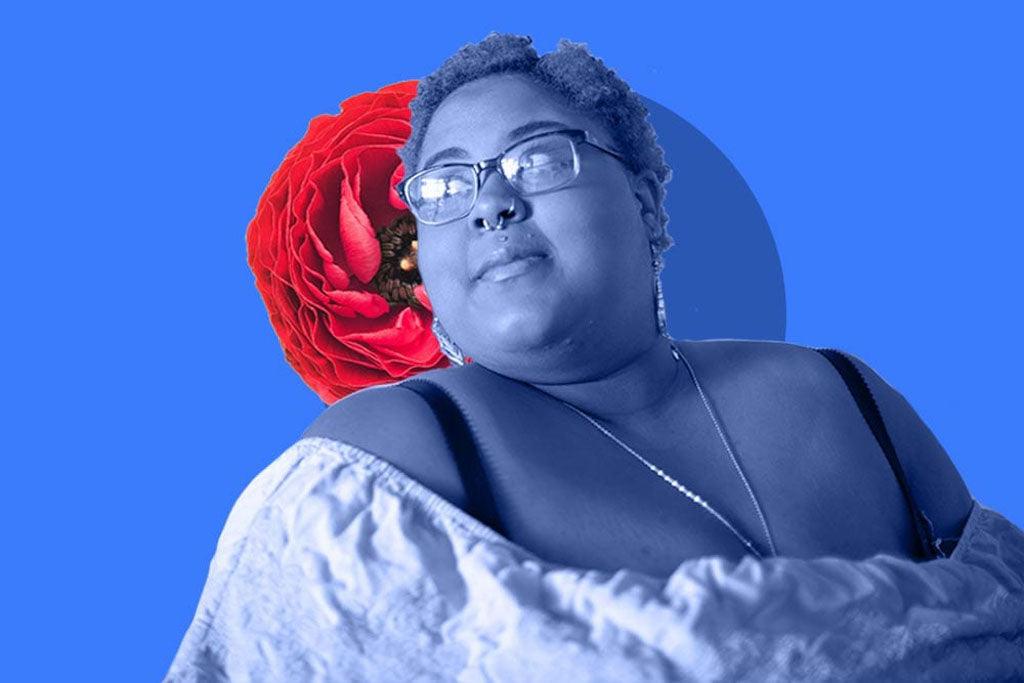 Photo for article: stop telling people with depression to lose weight. Fat femme poses off to the side in a side profile shot. The photo and background are blue monochrome. 