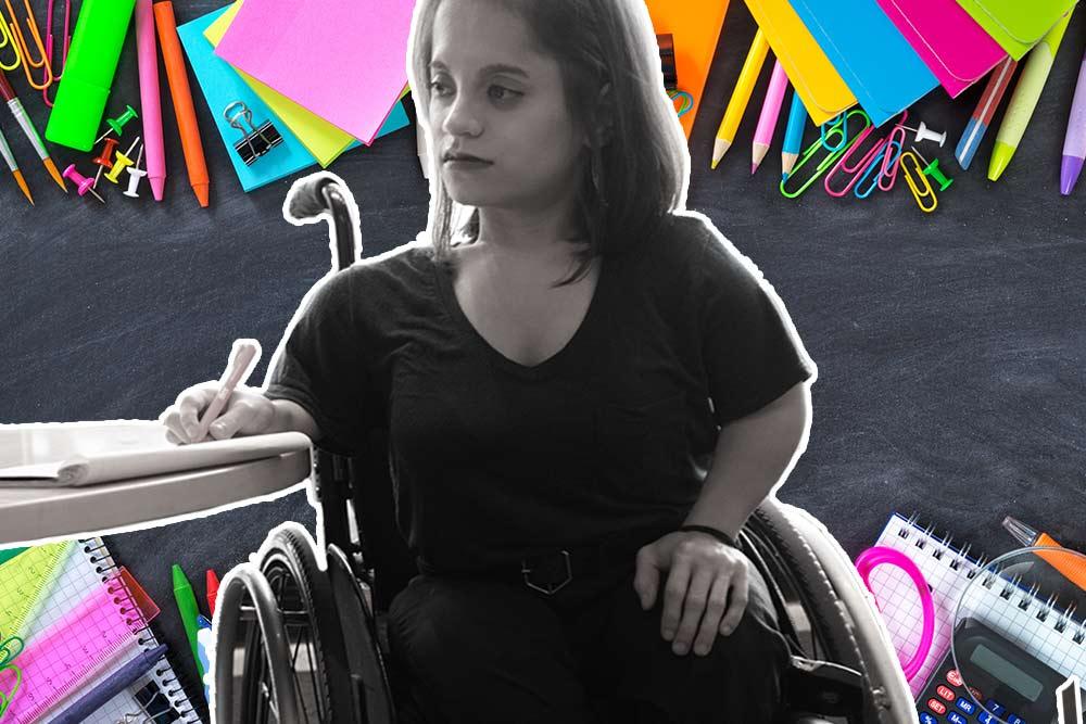 Photo for article on being a queer disabled millennial workaholic. A person in a wheelchair looks thoughtfully to the side while taking notes. They are in black and white collage effect in front of a collection of office supplies.