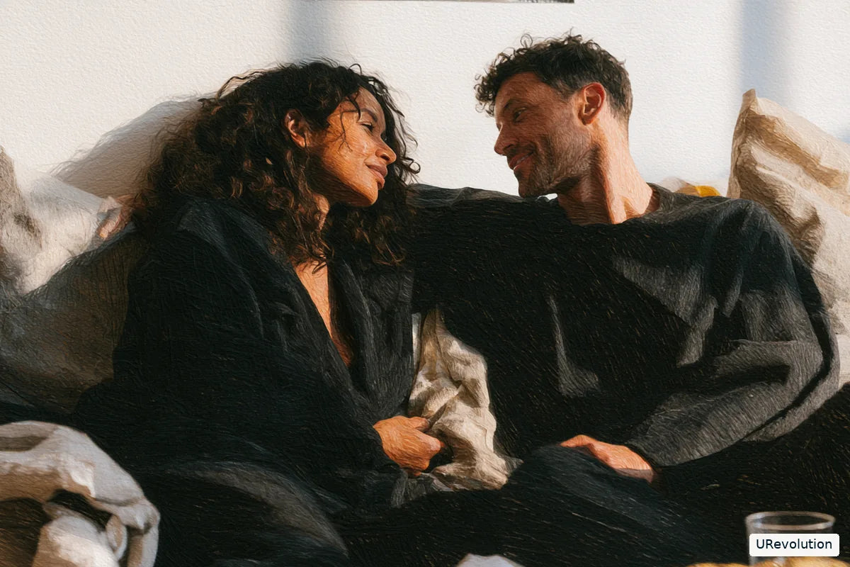 Two adults reclining against pillows on a bed, looking at each other.