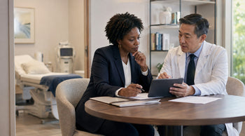 Healthcare business owner reviewing clinical oversight plans with a prospective medical director in a wellness clinic.
