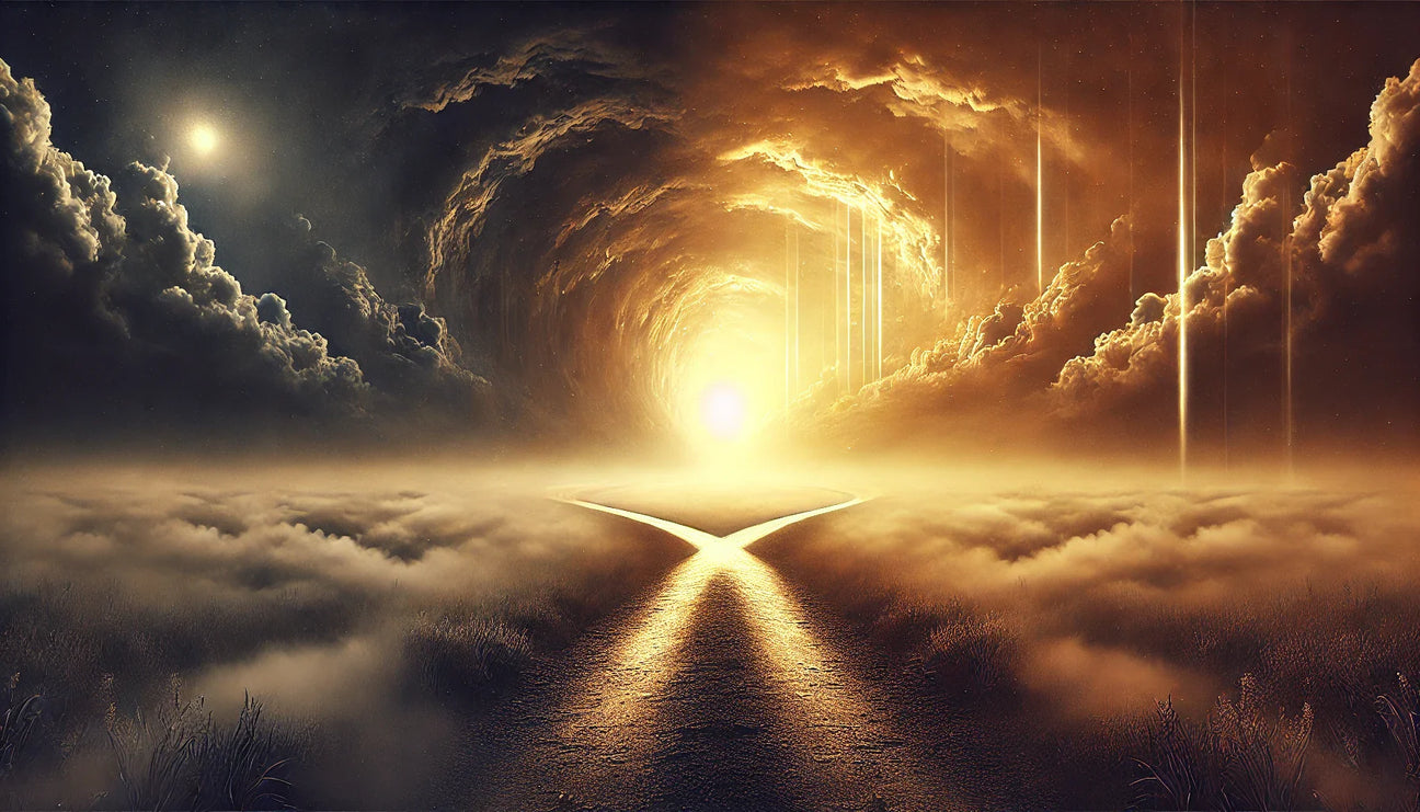 A surreal, dreamlike landscape with a fork in the road. The left path descends into eerie darkness and fog, symbolizing uncertainty and despair, while the right path glows with golden light, leading to an open celestial horizon of hope and transformation—