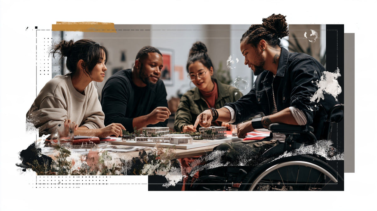 Editorial collage showing four colleagues around an architectural model, with a wheelchair user pointing to the model.