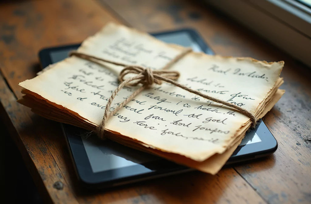 A bundle of aged, handwritten letters to oneself tied with string rests on a tablet, placed on a vintage wooden table near a window.