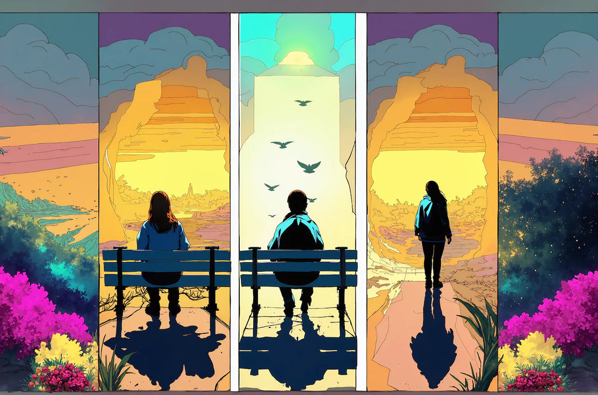 Artwork of a person sitting on a bench, facing a glowing abstract reflection. The image represents the self-realization of losing friends due to chronic illness and the emotional healing process.