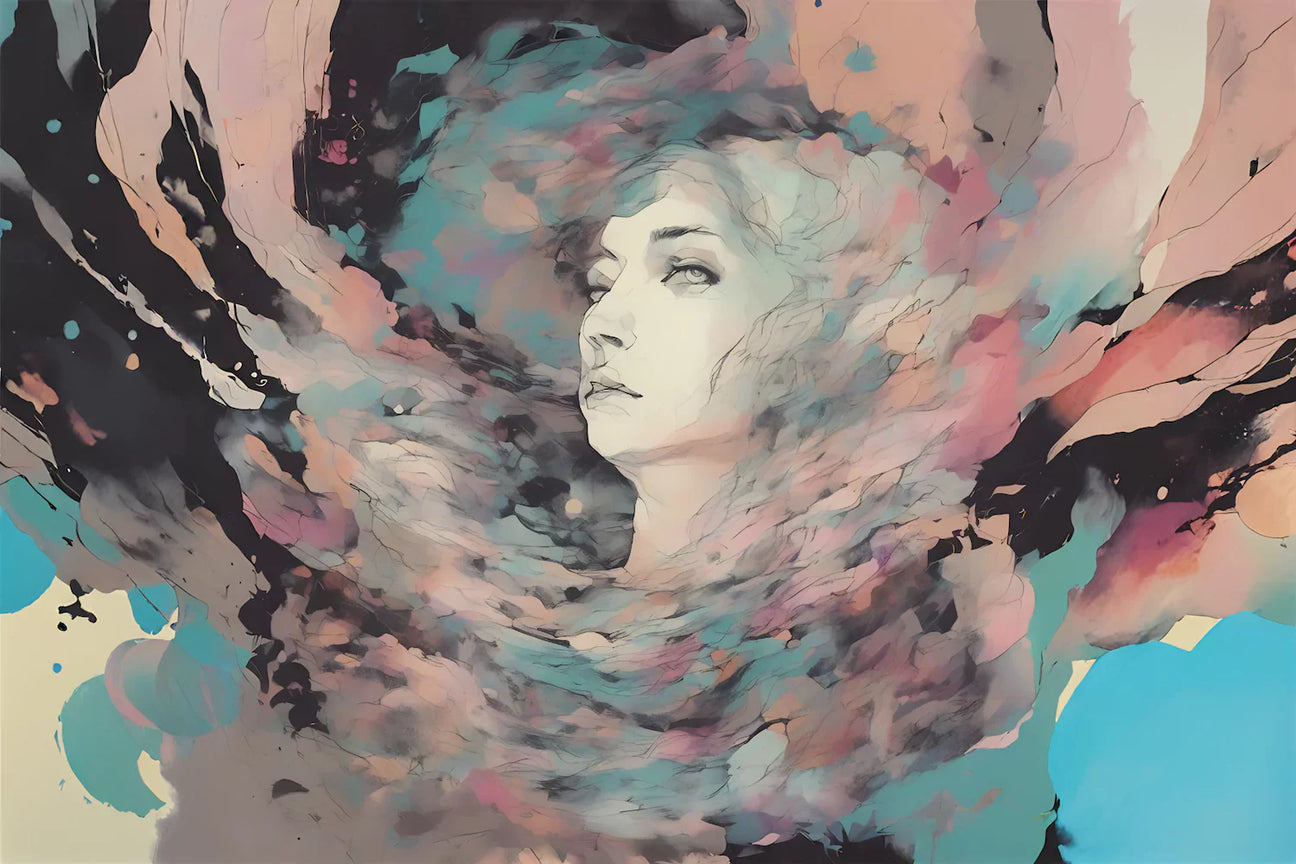 Abstract artwork of a woman surrounded by swirling colors, symbolizing emotional complexity and healing from emotionally abusive parents.