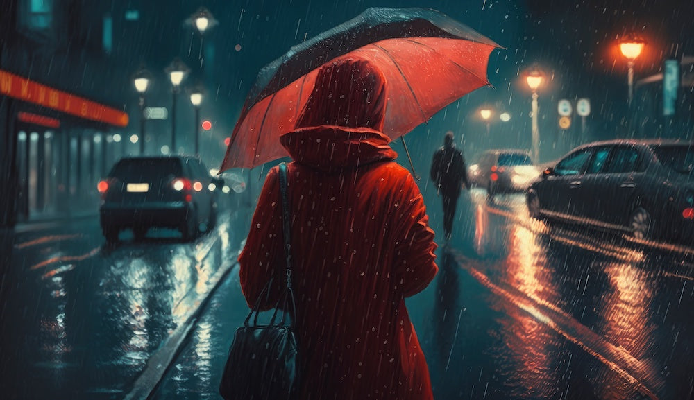 An AI generated image of a woman in a red dress at night navigating hookup culture as an autistic person. It is raining and she is walking on a rainy city road at night.