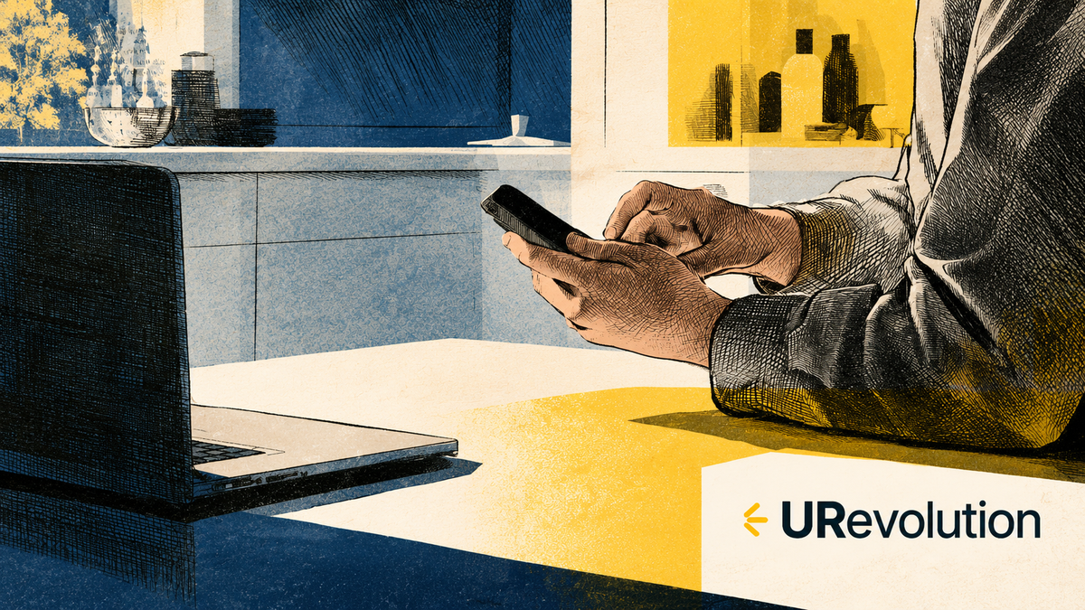 Illustration of a person holding a phone at a kitchen table beside a laptop, in ink blue and yellow.