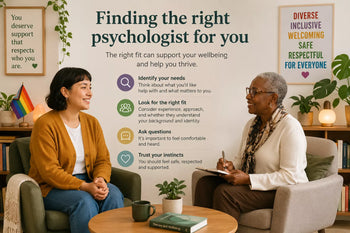 A psychologist and client talking in an inclusive therapy room, illustrating how to choose a psychologist in Australia with a mental health care plan.
