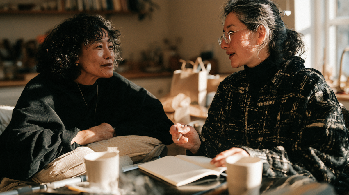 Two people talking at home beside an open notebook and cups of tea.