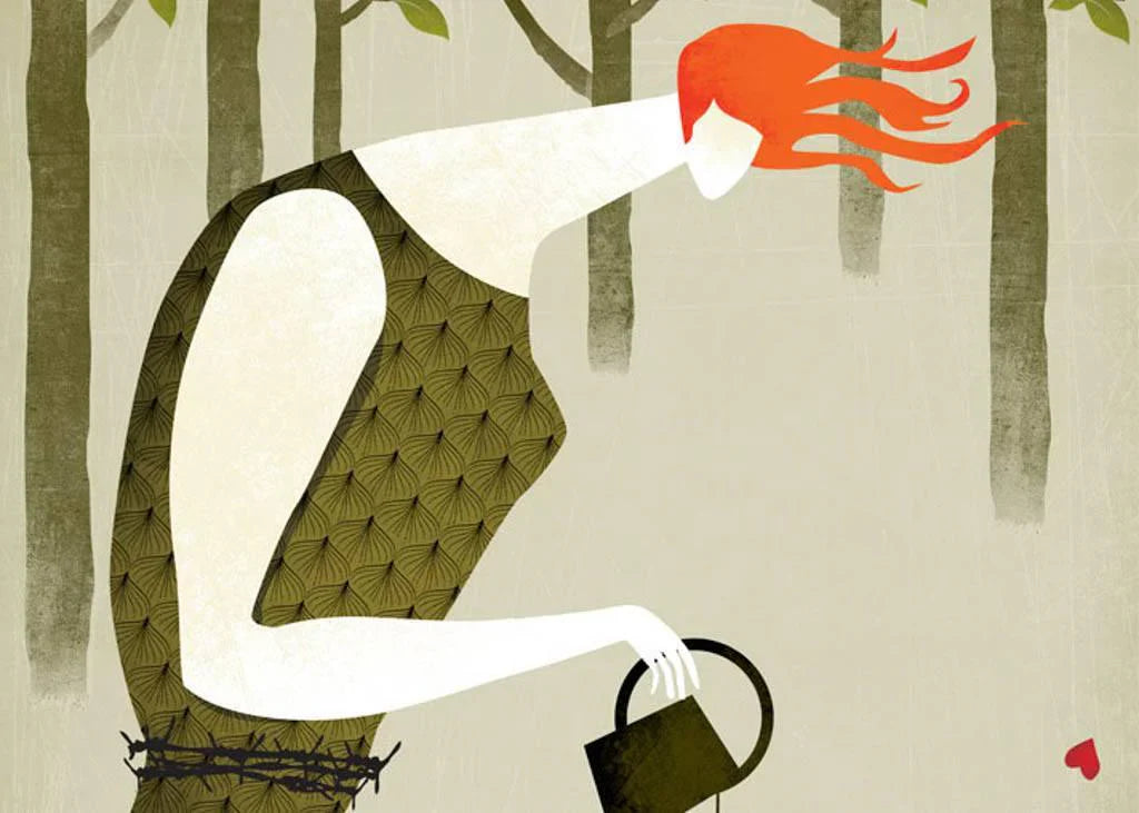 Illustration of a woman with bowed head, holding a watering can, symbolizing grief and isolation in infertility.