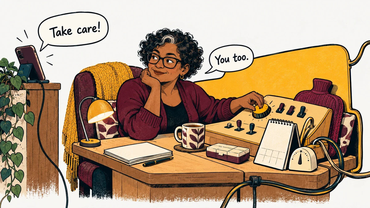A woman at an elaborate home care-control desk answers a phone’s ‘Take care!’ with ‘You too.’